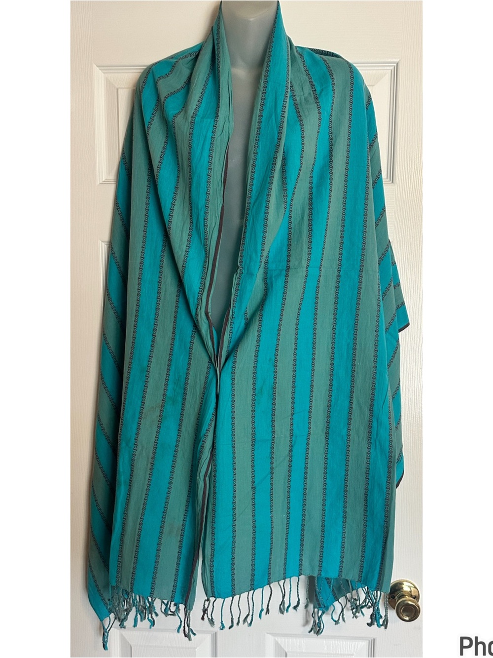 Teal & Green Striped Fringe-Trimed Scarf